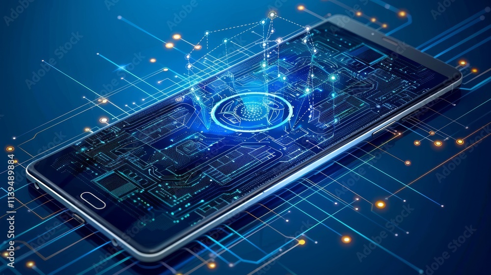 Poster smartphone with digital fingerprint security hologram and circuit board.