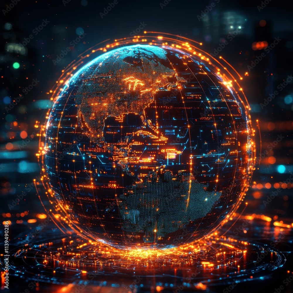 Poster a futuristic digital globe with glowing orange circuits and data points, symbolizing global connecti