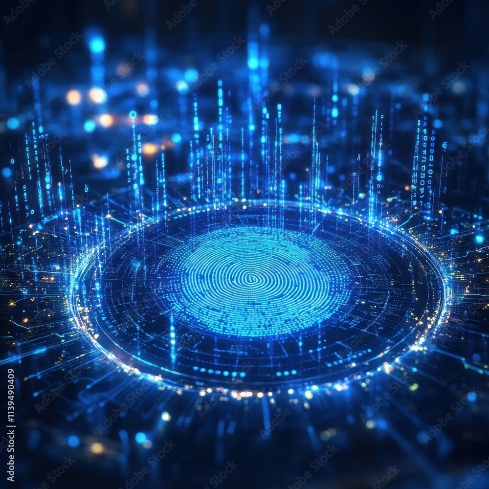 Poster a mesmerizing digital fingerprint surrounded by glowing blue data streams, symbolizing security and 
