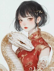 A girl in a red and gold Chinese-style dress, with short black hair and bangs, holding the head of a white snake-dragon.