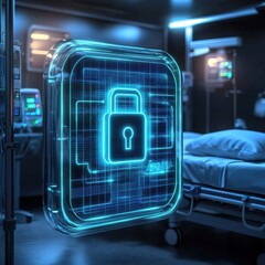 Obraz premium A digital lock symbolizing cybersecurity in a hospital setting, highlighting the importance of data protection.