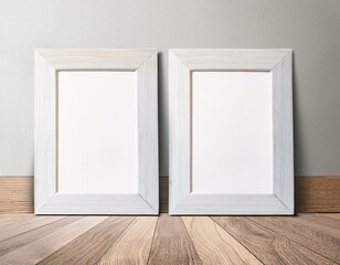two rectangle empty blank wooden picture wall art frames in vertical position, wall art mock up or template for digital display