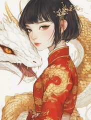 A girl in a red and gold Chinese-style dress, with short black hair and bangs, holding the head of a white snake-dragon.