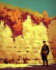 Fototapeta premium A striking scene of a male soldier in uniform, standing contemplatively against a vivid, sunlit rock formation.
