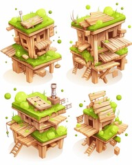 Whimsical wooden treehouse designs with vibrant greenery and playful structures, showcasing creativity and imagination.