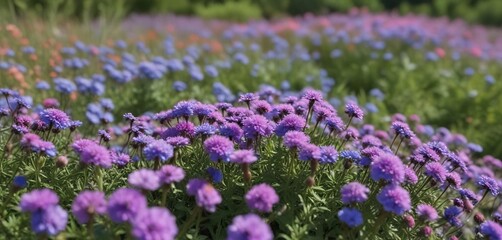 Obraz premium Ageratum blue blooms in a field with Portulaca and empty space, portulaca, sky