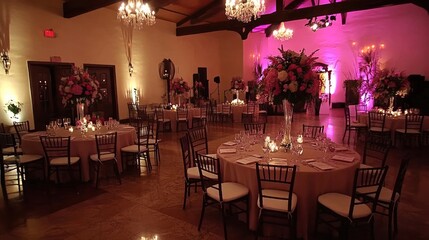 Elegant ballroom reception venue decorated with floral centerpieces, chandeliers, and pink lighting.