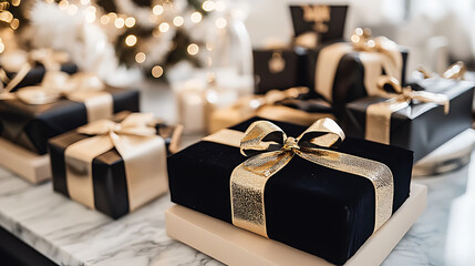 Luxurious gift wrapping station with elegant black and gold presents