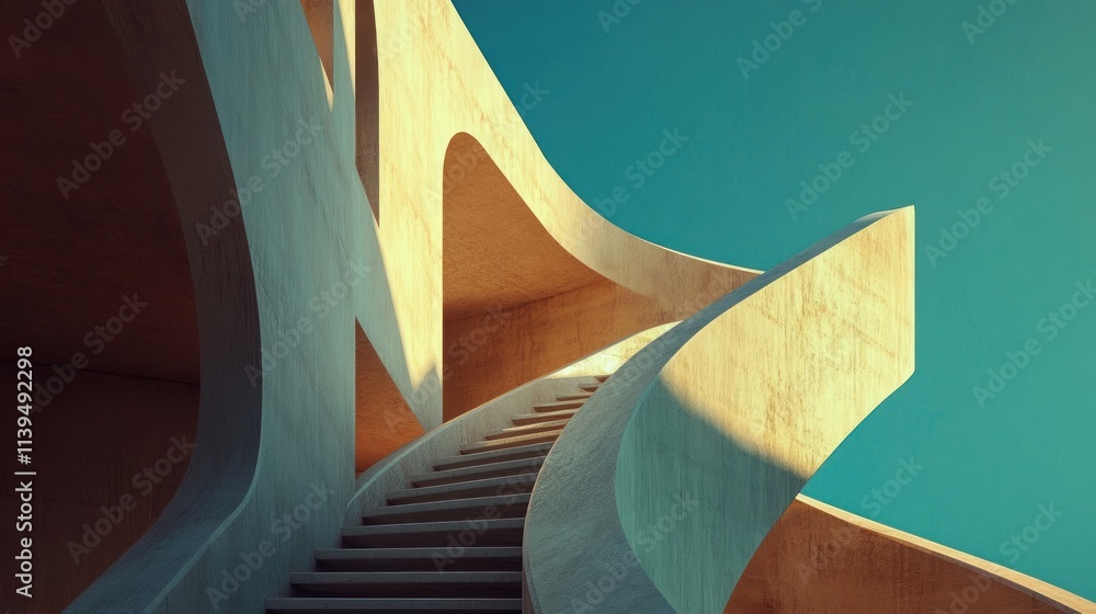 Aufkleber a modern architectural staircase with fluid lines and dynamic shapes under a clear blue sky.