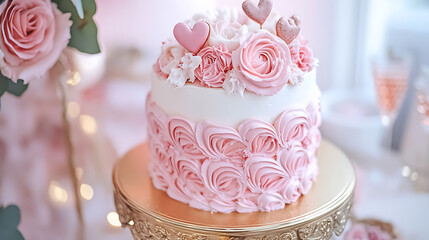 luxurious white cake with pink ombre icing and decorative hearts