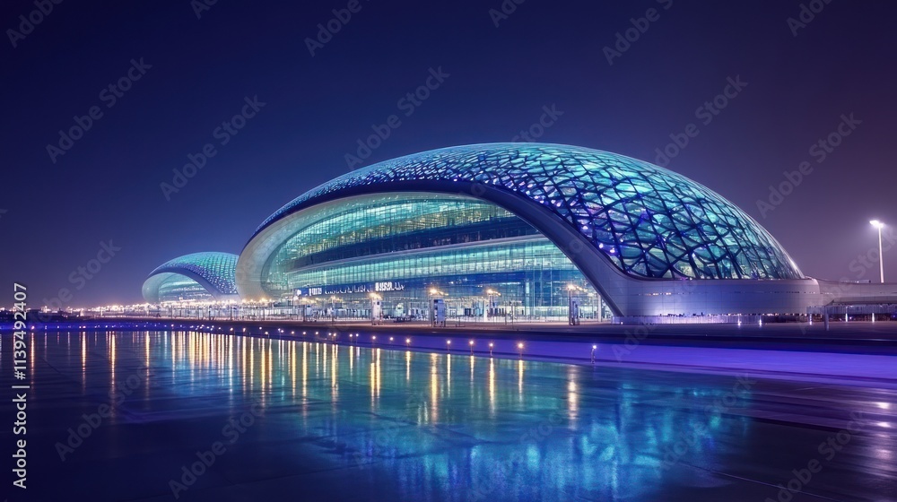 Poster a modern architectural structure illuminated at night, reflecting in the water.