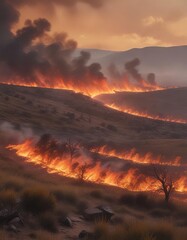 Fototapeta premium A ranch in the Flint Hills is engulfed by a massive wildfire that fills the valley with smoke and flames, causing widespread destruction, burning landscape, ash-covered ground