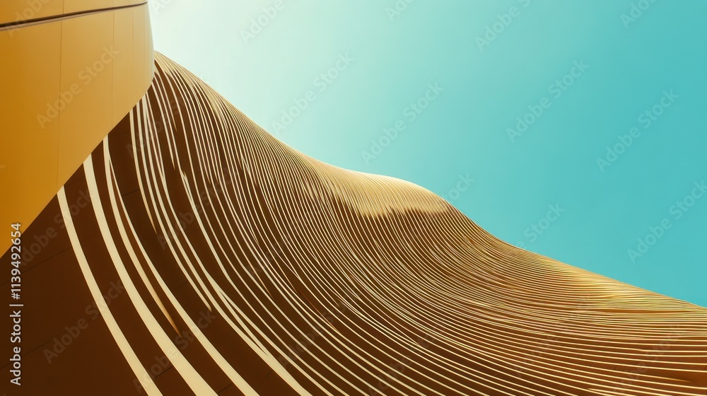 Poster A modern architectural structure with flowing curves against a clear blue sky.