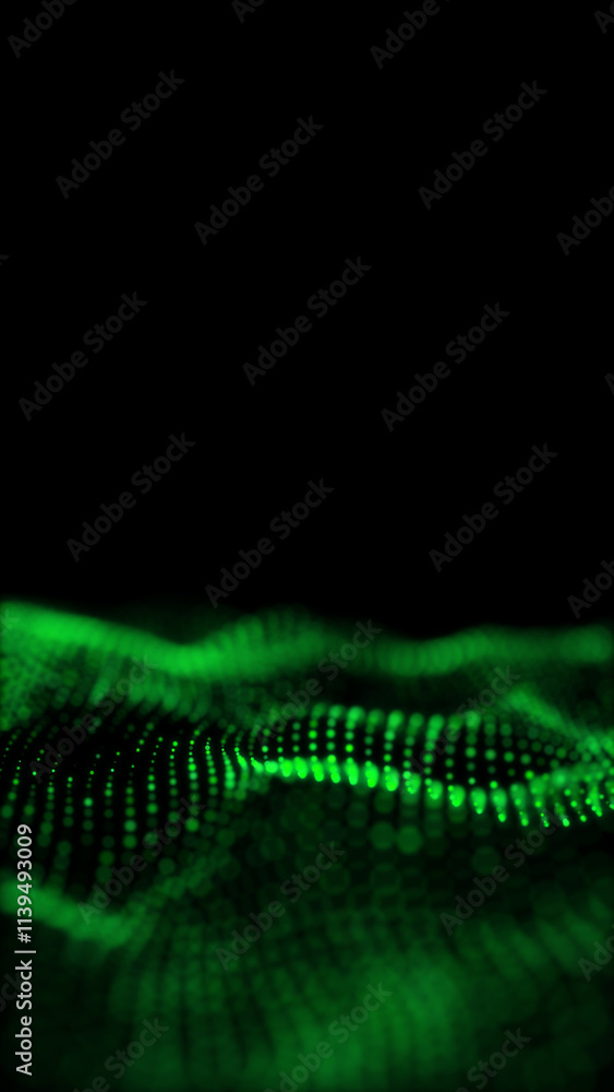 Aufkleber green glowing circles particles wave at the bottom on a black abstract background, bokeh effect, ver