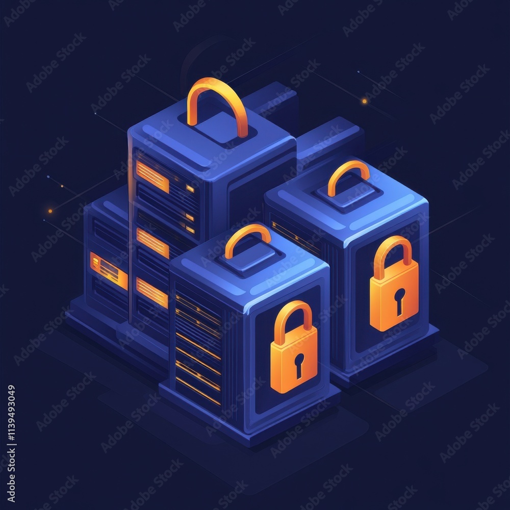 Poster stylized digital storage containers with padlocks, symbolizing secure data management and protection