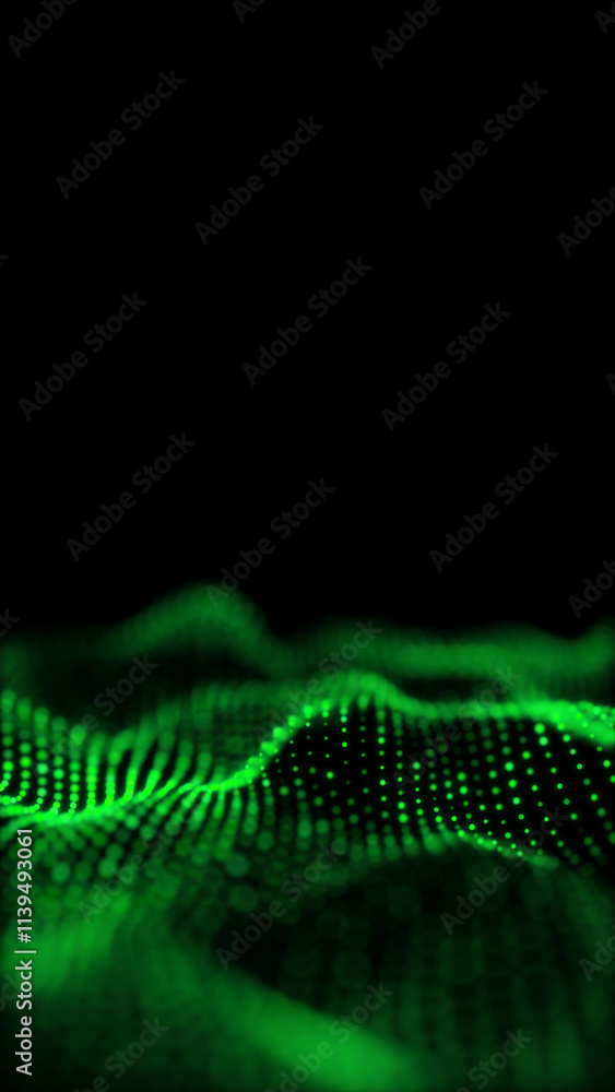 Poster green glowing circles particles wave at the bottom on a black abstract background, bokeh effect, ver