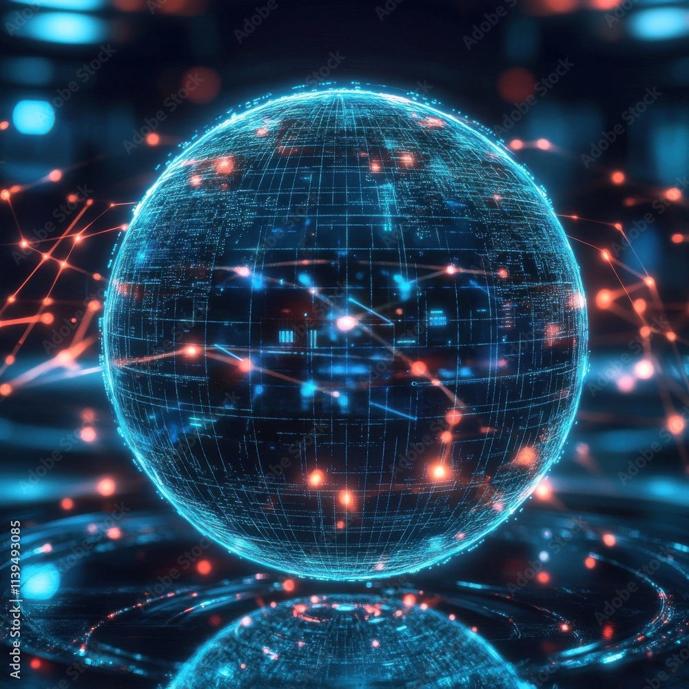 Poster a glowing digital globe representing data connectivity and technology in an abstract style.