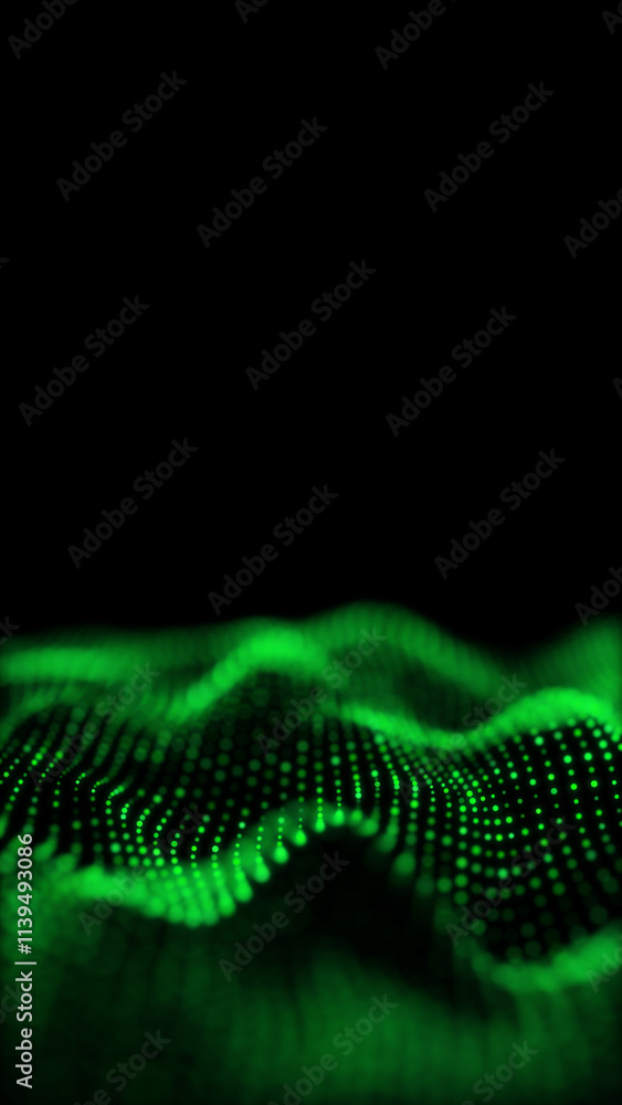 Poster green glowing circles particles wave at the bottom on a black abstract background, bokeh effect, ver