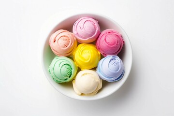  Bowl of Rainbow Ice cream , Isolated white background, flat lay 