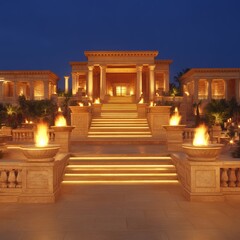 Naklejka premium Grand Palace at Night with Illuminated Staircase and Fire Bowls