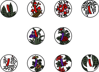 赤短青短のカラーシンプル円形花札アイコンセット