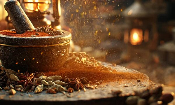 Aromatic Spices in a Stone Mortar with a Rustic Background