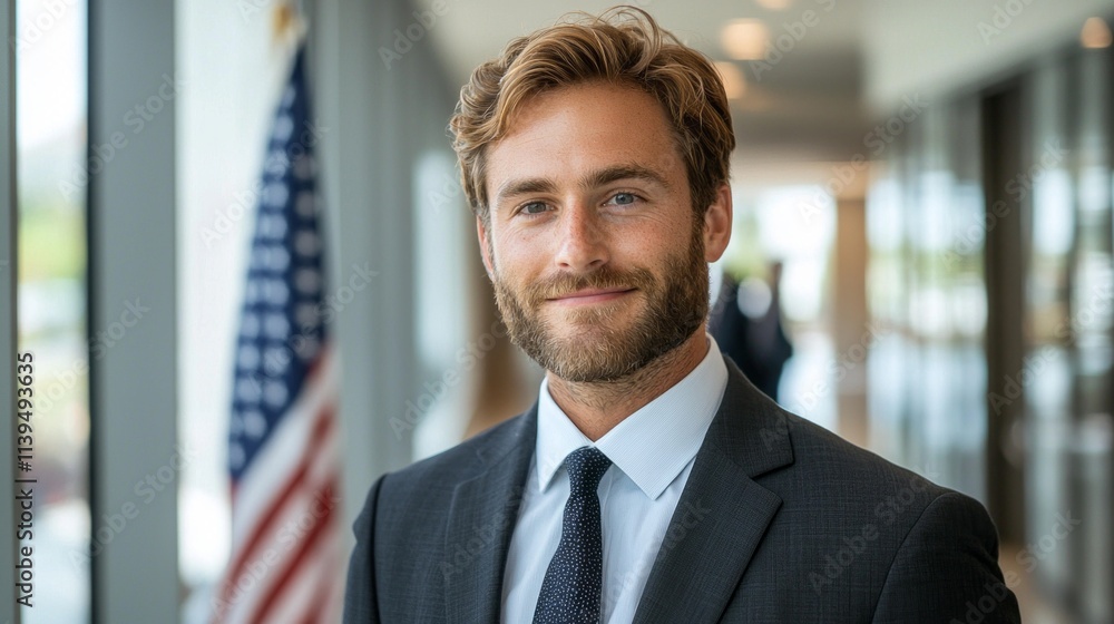 Poster a man in a suit and tie is smiling in front of an american flag