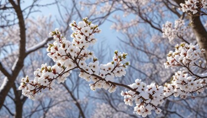 Whitebeam trees with snow-covered branches and blooming buds, winter, frozen