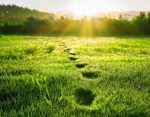 Footprints in Dewy Grass at Sunrise