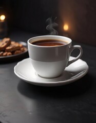 Fototapeta premium White cup with coffee and saucer on dark background, warm lighting, atmosphere, dark