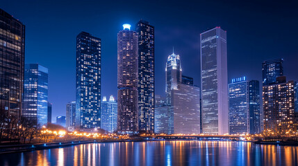 Naklejka premium The city at night where skyscrapers are illuminated, their lights reflecting off each other, creating a luminous, almost surreal cityscape.