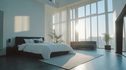 A modern bedroom with large windows, sunlight streaming in, and minimalist decor.