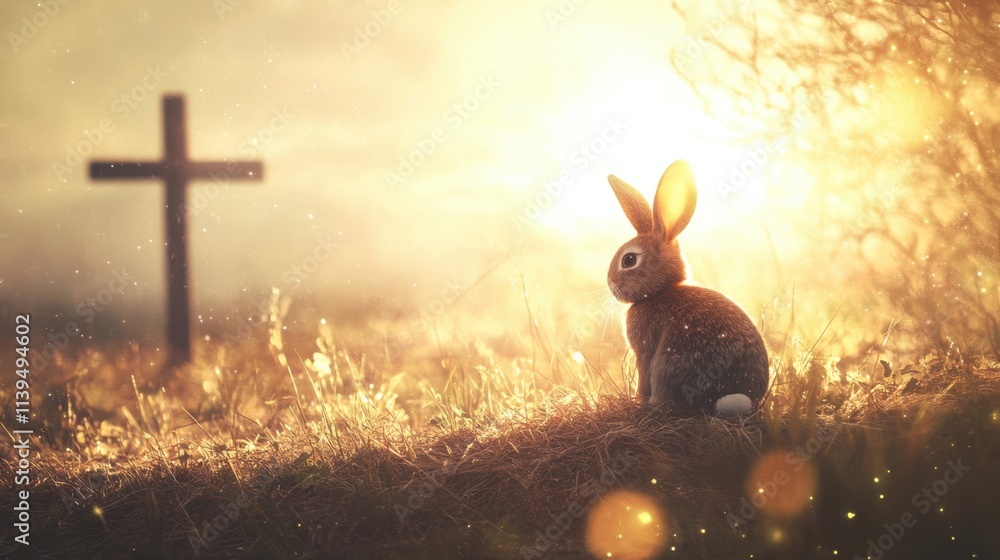 Poster a bunny and a glowing cross on an abstract easter morning background with soft tones and text space