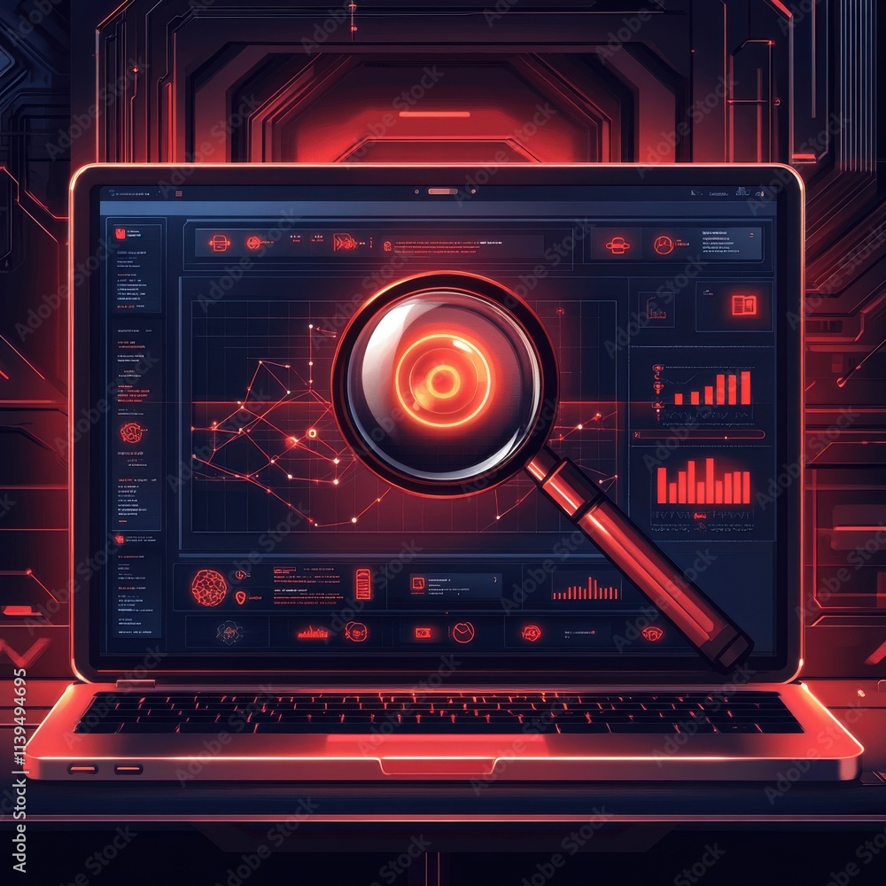 Poster a close-up view of a digital laptop screen displaying complex data analytics with a glowing magnifyi