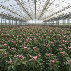 Greenhouse Cultivation of Pink Flowers in Rows