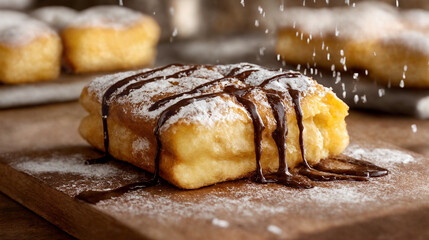 木製の表面に載せられたチョコレートドと粉砂糖がかかったペストリー