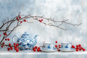 Tea ceremony setup with blue and white porcelain teapot and cups, decorated with red berries

