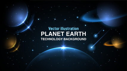 Planet Earth and Cosmic Background: Shining Stars in a Deep Universe. Starry Night Sky Banner. Vector. © Jer