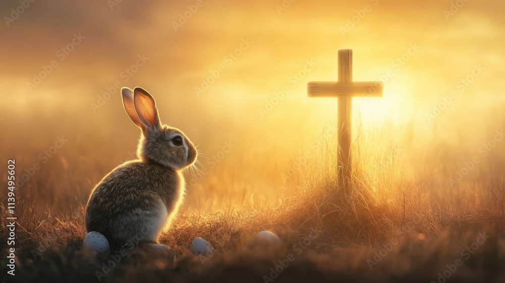 Poster a bunny near a glowing cross on a gentle gradient background with soft easter tones, perfect for tex