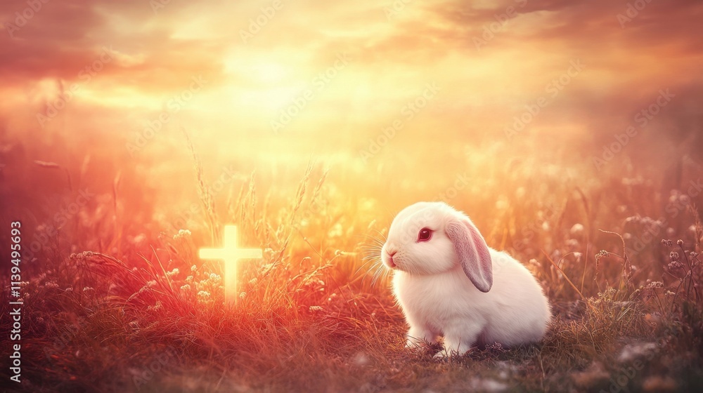 Poster A bunny near a glowing cross on a gentle gradient background with soft Easter tones, perfect for text placement.