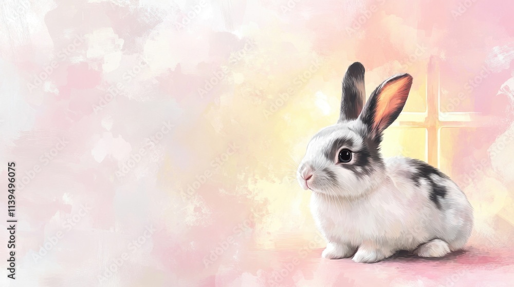 Poster a bunny rabbit gazing at a radiant cross on an easter morning abstract background with a soft pastel