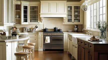 Fototapeta premium A modern kitchen featuring elegant cabinetry, appliances, and a warm atmosphere for cooking.