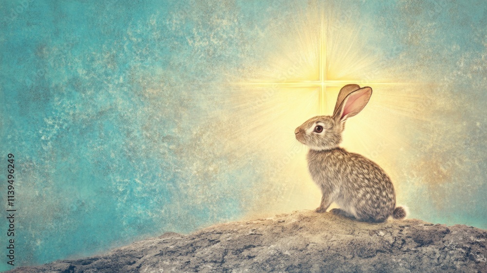 Poster a bunny rabbit gazing at a radiant cross on an easter morning abstract background with a soft pastel