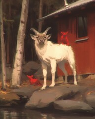 A mystical white goat stands by a cabin, with vibrant red foxes playfully sitting nearby, set in an enchanted forest.