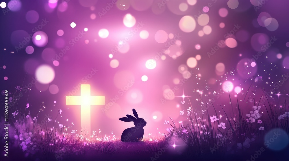 Poster a bunny rabbit near a glowing cross on a serene easter background with pastel abstract tones and tex