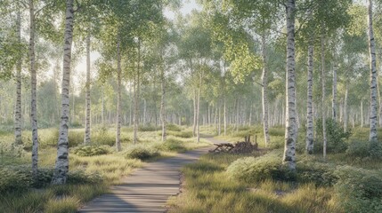 Sunlit path through birch forest.
