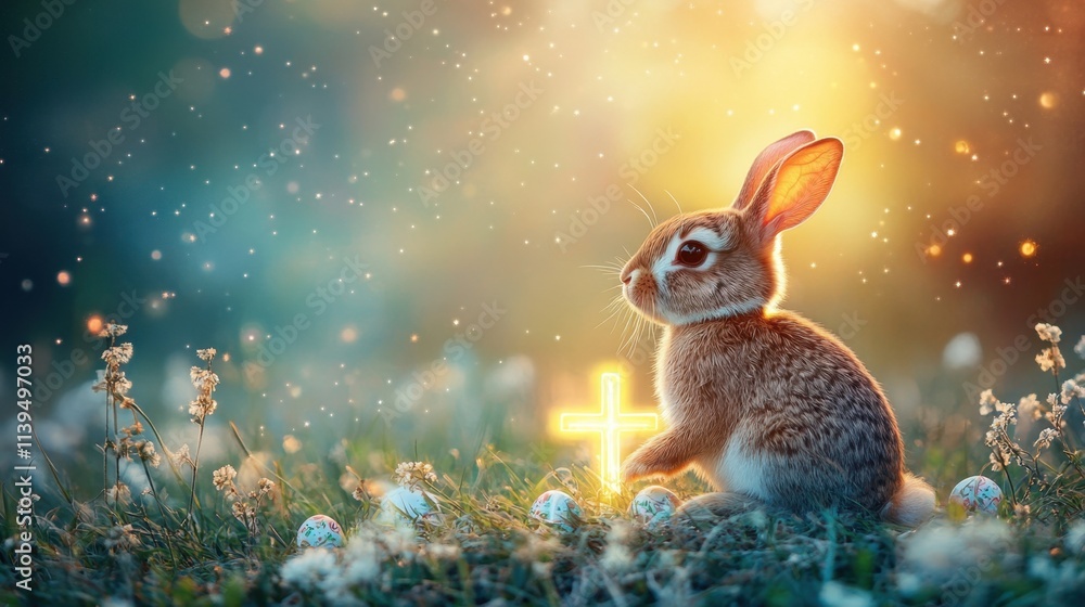 Poster a bunny rabbit sitting beside a luminous cross on a colorful easter morning abstract background with