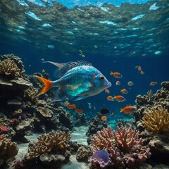 Fototapeta premium A luminous fish with a polished mirror cup inside, drifting slowly past a breathtaking underwater landscape filled with coral gardens and rainbow-colored fish.