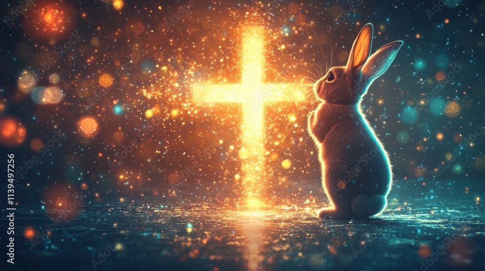 Poster a bunny rabbit standing by a glowing cross on an abstract easter background with vibrant tones and s