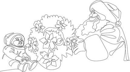 One continuous line drawing Santa Claus on reindeer and sled. concept for Christmas and New Year. vector illustration. Vector illustration